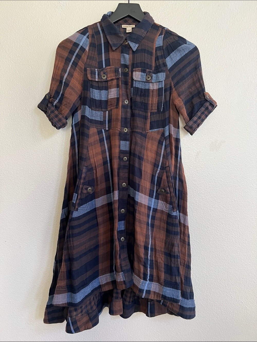HOLDING HORSES Mixed Plaid Shirt Dress High-Low Handkerchief Hem Blue/Brown SZ 2 - Picture 5 of 15